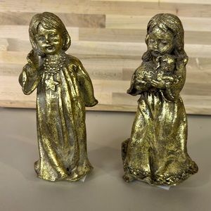 Set of Wooden Gold-Painted Girls. One with gift and the other with a lamb